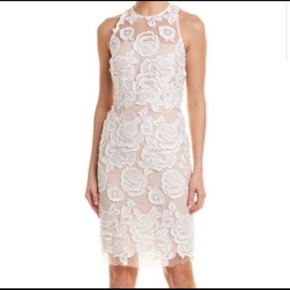 reiss meghan floral lace dress White and Beige Floral Lace Fitted Short Sleeve Midi Dress
